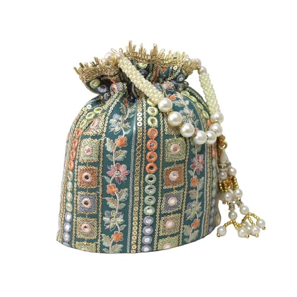 MILAN'S CREATION MultiColor Embroidery Potli Bag With Pearl Handle & Tassel Wedding Trendy Purse Women’s Handbag - Image 4