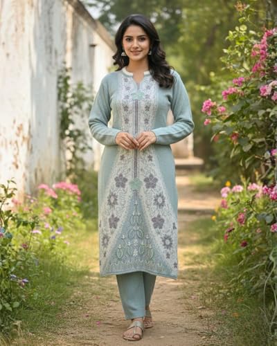 Image of KTI Full Sleeve Knee Length Floral Design Woolen Fabric 3 PC Kurti Set for Women Art NO-94164