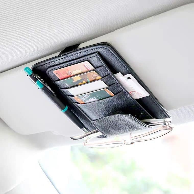 Organizer Per Visiera Auto In Pelle PU, Nero - Porta Documenti, CD E Chiavi, Fissaggio Con Elastici