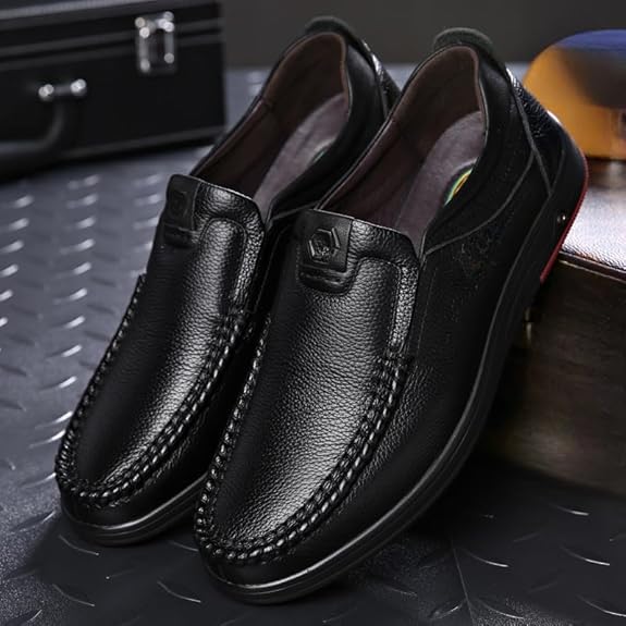 Loderin Men's Walking Shoes, Comfortable Arch Support Cushioned Slip On Loafers, Black, 8.53