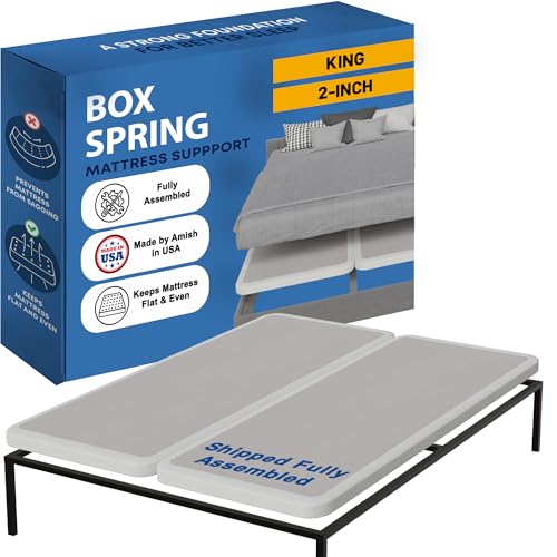Greaton, Box Spring Bed Base King Size, 2-Inch Wood Amish Made in USA – Quiet Noise Free, 2-Pieces Under Mattress-Support BoxSpring, Fully Assembled, White, 2