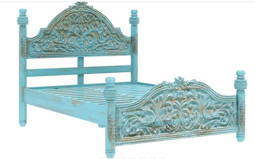 Image of Arman Handicrafts Hand Carved Solid Wood Bed Frame with Decorative Headboard & Footboard | Vintage Style Wooden Bed for Bedroom | Strong Mattress Support Bed Frame | Turquoise Finish