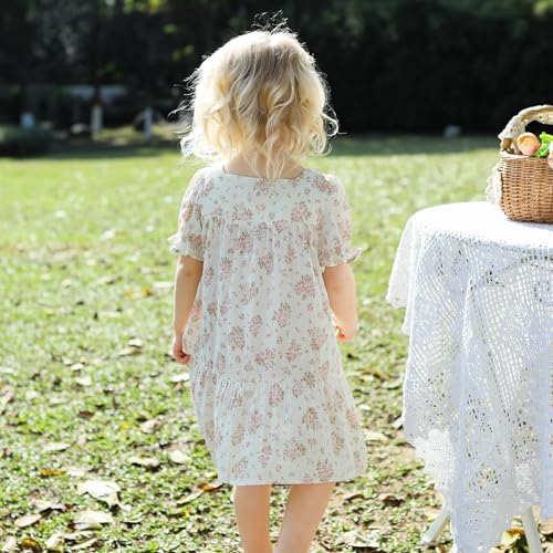Floral Girl's Dress Ruffle Puff Sleeved Printing Dress Girls Square Neck Vintage Summer Casual Girls Dress3