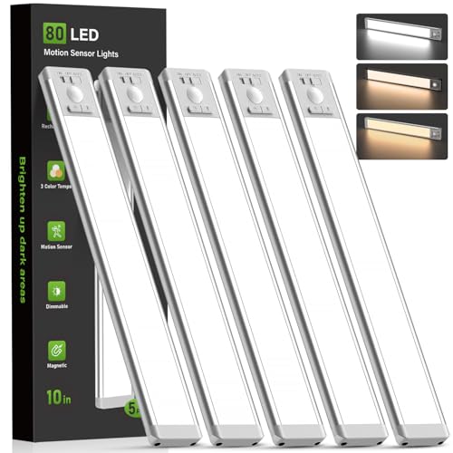 MCGOR 5 Pack 10inch Under Cabinet Lighting, Rechargeable Motion Sensor Light Indoor with 3 Color Temps, Dimmable Magnetic Led Closet Lights, Wireless Under Counter Lights for Kitchen, Stairs