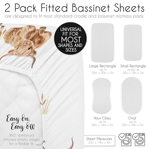 Image of Sweet Jojo Designs 2-Piece Baby Bassinet Sheets Set (Boho Highland Cow) for Girls /Boys, Infant Newborn Nursery, Oval, Rectangle & Hourglass Mattress (Taupe Plaid & Farm Animal, Watercolor, Farmhouse)