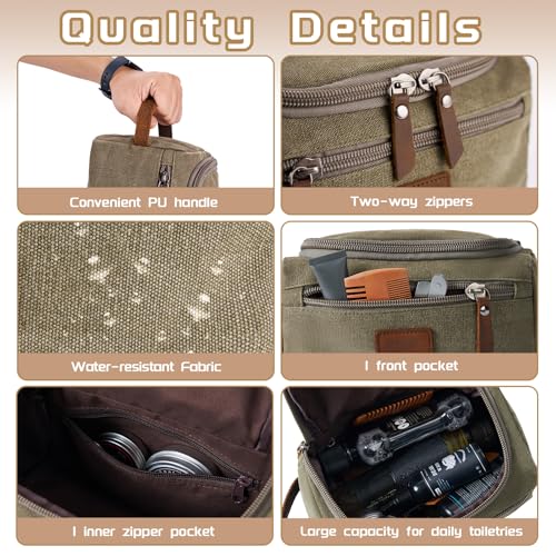 Travel Toiletry Bag for Men, Large Water-resistant Shaving Bag Toiletries Organizer, Canvas Dopp Kit, Multi-functional and Stylish, Bathroom Dopp Kit Shaving, Ideal for Travel, Camping, Gym- Green3