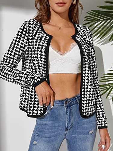 WDIRARA Women's Houndstooth Open Front Long Sleeve Plaid Work Office Elegant Jacket4