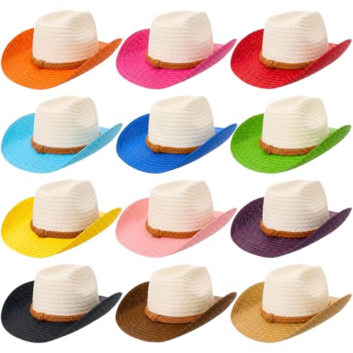 Image of JaGely 12 Pcs Straw Cowboy Hats for Women Men, Wide Brim Summer Hat Bulk Sun Protection for Western Themed Party