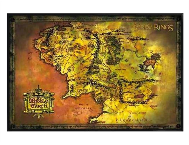 Carte de la Terre du Milieu encadrée noir brillant, idée cadeau pour la maison
