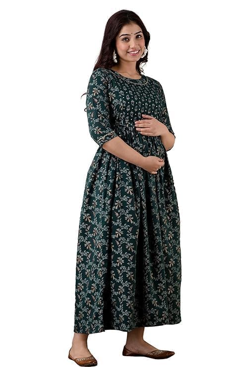 Anuom Women's Cotton Floral Printed Maternity Feeding Kurti with Zipper Maternity Gown for Women - Image 4