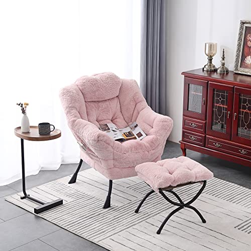 Image of LITA Lazy Chair with Ottoman, Modern Accent Leisure Upholstered Sofa, Contemporary Lounge Reading Chair with Armrests and a Side Pocket for Living Room, Bedroom & Small Spaces, Plush Pink