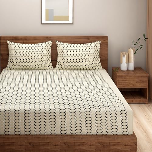 Image of Swayam Pure Cotton King Bedsheet with 2 Pillow Covers | Size 108 x 108 inch | 160 TC | Geometric Design | Soft Breathable Bed Sheet | Comfortable & Durable for Bedroom - Light Brown