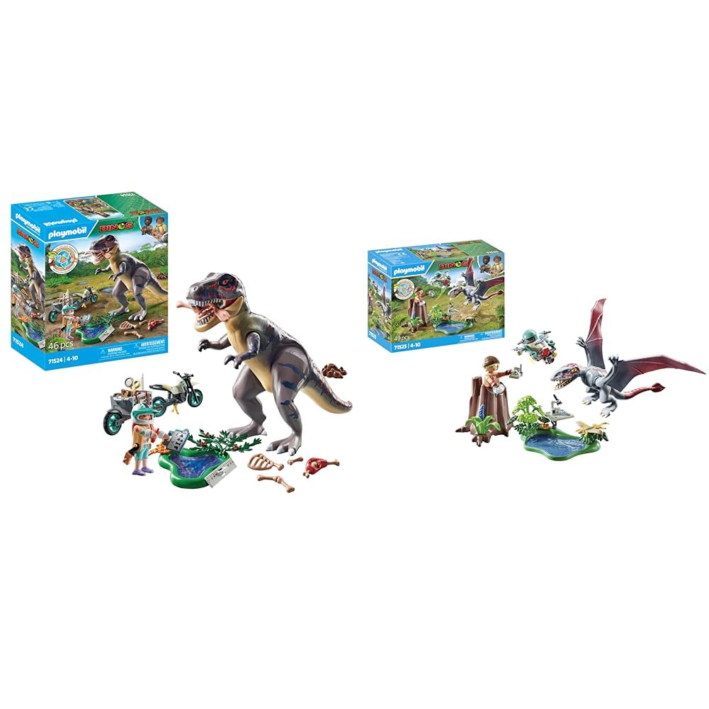 PLAYMOBIL Dinos 71524 T-Rex-Spurensuche, aufregende Suche nach dem Tyrannosaurus Rex & Dinos 71525 Beobachtungsstation für Dimorphodon