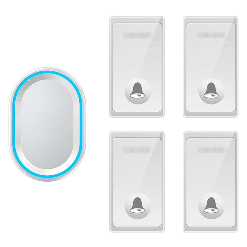 Sonnette sans fil, carillon de porte étanche IP44, 4 boutons poussoirs et 1 récepteur enfichable avec lumière flash bleue, 4 niveaux de volume réglables, 58 mélodies, convient pour la maison, (2