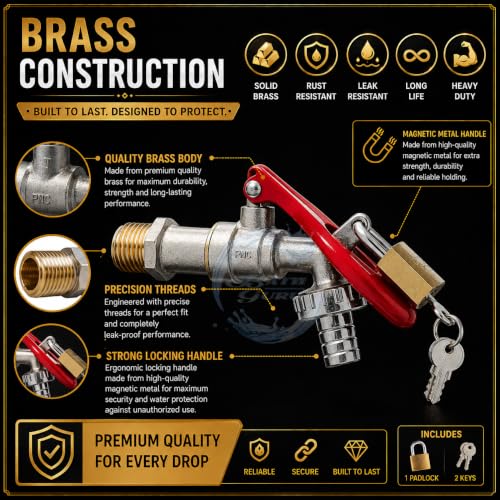 Image of BATH GURU 1 /2 Inch Mini Lock Nozzle Tap | Brass Lockable Garden & Outdoor Water Faucet with Lock System | Heavy-Duty Washing Machine & Hose Bib Tap | Brass Body Metal Red Handle Pack of 1