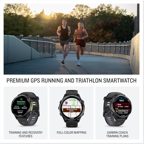 garmin forerunner 970 premium gps running and triathlon smartwatch amoled display built-in led flashlight carbon gray dlc titanium with black case and blacktranslucent whitestone band