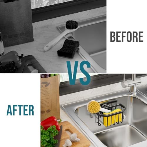 Image of TAILI Sponge Holder with Strong Suction Cup, Dish Sponge Caddy Inside Sink Removable, Rustproof Aluminum for Sponges, Brushes, Stoppers and Scrapers - Black (Pack of 2)