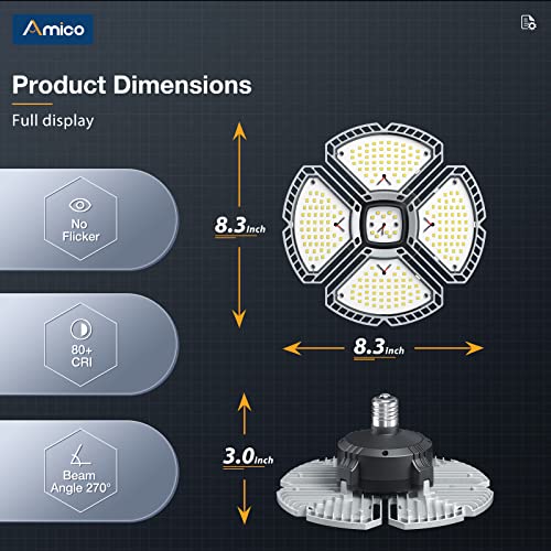 Amico Led Garage Light Ul Certified, 100W Aluminium Garage Light 14000Lm 5000K Led Shop Light For Garage With 4+1 Deformable Panels, Screw In Garage Ceiling Lighting For Attic, Basement #TOP6