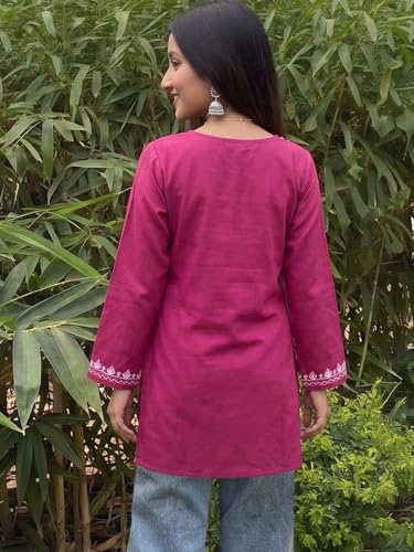Image of GoSriKi Short Kurti for Women Viscose Embroidered | Kurti for Woman Regular Fit | Round Neck V Slit Full Sleeve Stylish Ladies Top Ethnic Wear Womens Clothing Trendy Kurta Tops