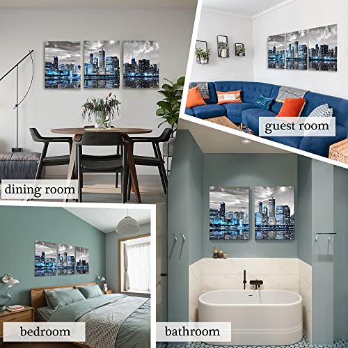 SERIMINO Chicago Skyline Wall Art for Living Room, Modern City Pictures Canvas Wall Decor for Office Bedroom 3 Pieces Set Night Scene Prints Paintings for Home 12"X16"