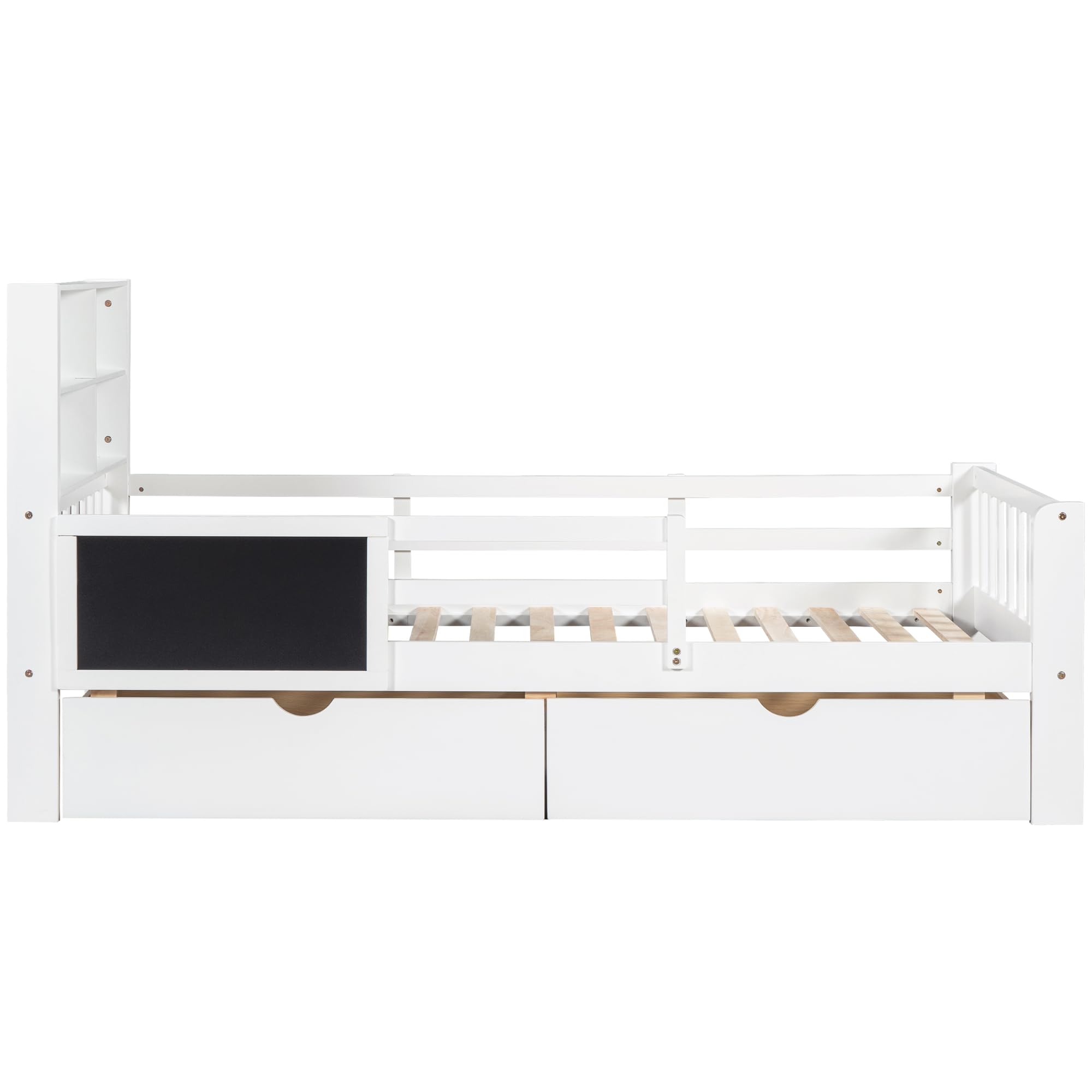 Kinderbett 90x200 Holzbett mit Schubladen und Tafel Kopfteil Bücherregal Rausfallschutz Lattenrost Stauraum Jugendbett Funktionsbett Bettgestell Holz Weiß