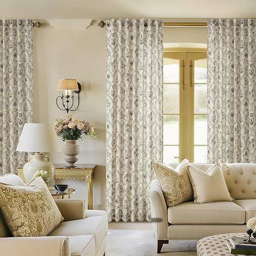 Image of Floral Linen Sheer Curtains 84 Inch Length for Living Room Charcoal Green