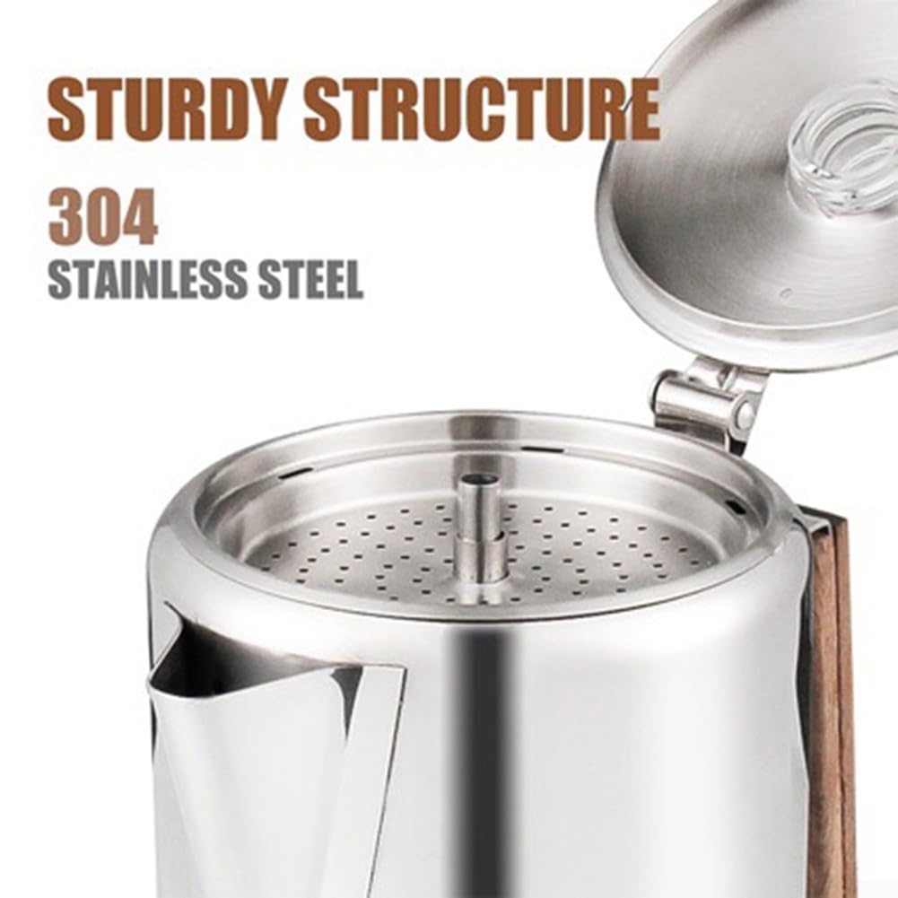 Caffè all'aperto Percolatore 9 tazze in acciaio inox piano cottura pentola per campeggio viaggi con manico ergonomico in legno