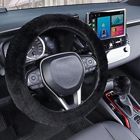 SEG Direct Furry Car Steering Wheel Cover with Fluffy Gear Shift Cover Soft Warm Non-slip Car Decoration for Women Girls 2 PCS Set Cover