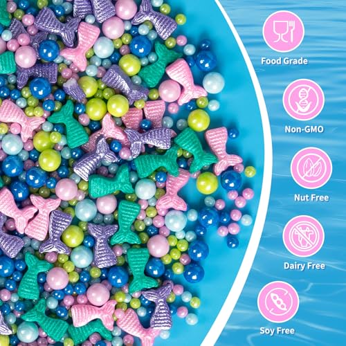 Image of Mermaid Sprinkles, Edible Pearl Sprinkle for Cake Decorating,130g /4.58oz, Blue Green Purple Pearls Mix Baking Candy, Ocean Theme Cake Topper Cupcake Cookie Ice Cream Decorations, Birthday Children's Summer Party Supplies