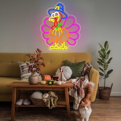 Image of Turkey Neon Sign Thanksgiving Neon Sign Dimmable Pumpkin Neon Light for Wall Decor Happy Thanksgiving Neon Light for Wall Art Window Home Party Holiday Gift