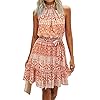 BTFBM Women 2023 Summer Halter Neck Dresses Sleeveless Casual Floral Polka Dot Print Short Boho Ruffle Sundress(Color Block Orange,Small)
