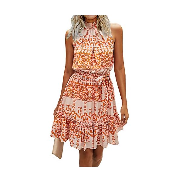 BTFBM Women 2023 Summer Halter Neck Dresses Sleeveless Casual Floral Polka Dot Print Short Boho Ruffle Sundress(Color Block Orange,Small)