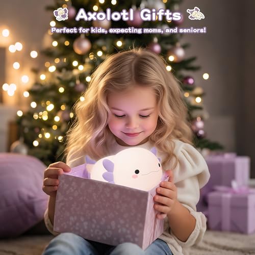 Image of FAMIDUO Purple Axolotl Night Light for Kids,LED Squishy Bedside Touch Lamp | BPA-Free Soft Silicone,Dimmable,20Min Timer,Rechargeable Nursery Light, Girls Room Decor,Cute Gifts for Mom Baby Toddler