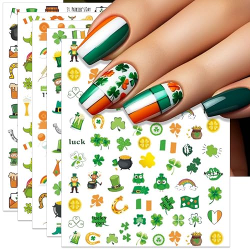 IDDFEVE St. Patrick's Day Nail Art Stickers, Irish Shamrock Leprechaun Hat 3D Self-Adhesive Nail Decals Lucky Clover Design (6 Sheets)