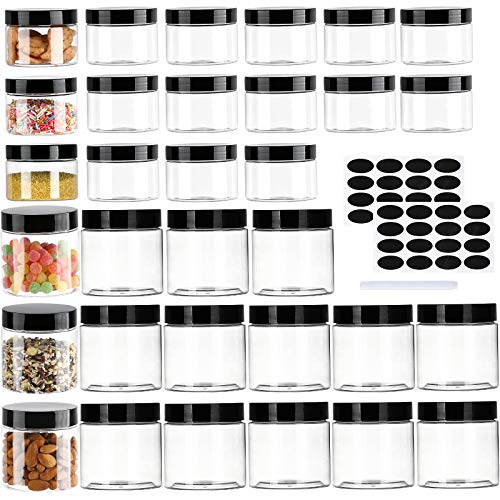 32 Pack Plastic Jars with Lids, 4oz + 12oz Clear Plastic Slime Containers Set for Kitchen Household Food Storage Dry Goods, Creams and More