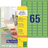 AVERY Zweckform L4792-20 Grüne Etiketten (1.300 Aufkleber, 38,1x21,2 mm auf A4, wieder rückstandsfrei ablösbar, selbstklebende Farbetiketten, Papier matt, bedruckbare, farbige Klebeetiketten) 20 Blatt