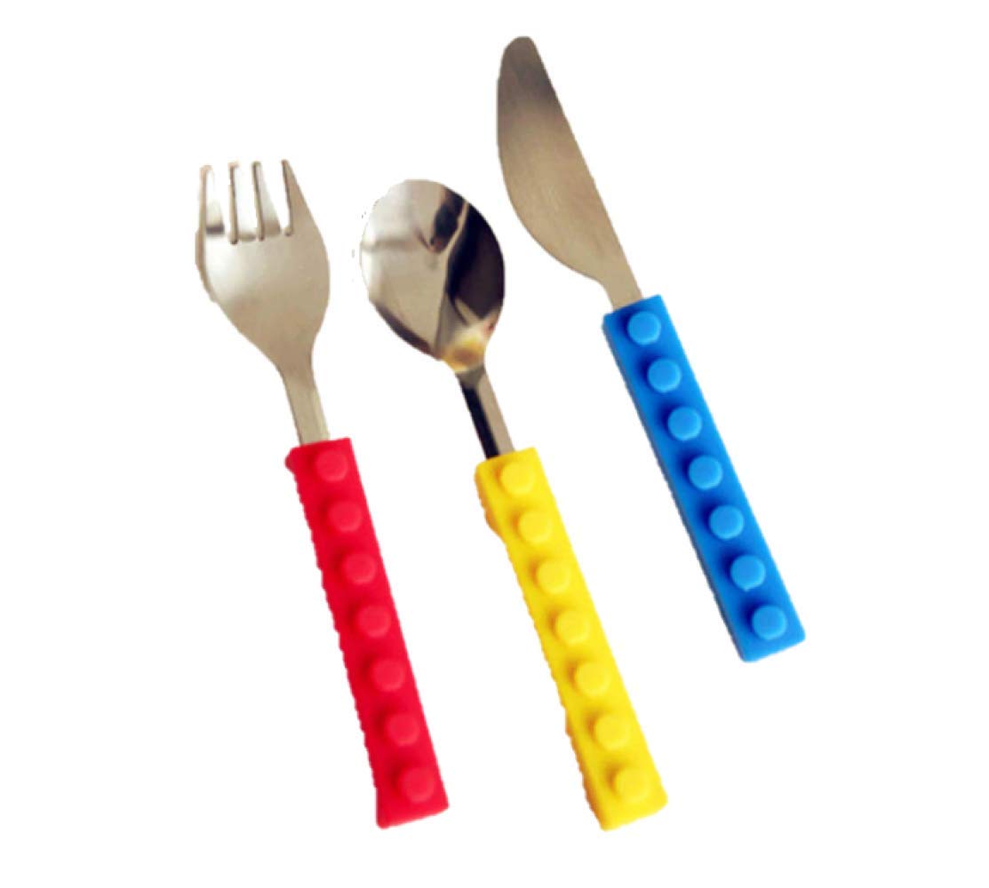 Juego de cubiertos y tenedor y cuchara apilables para niños, utensilios de comedor apilables de acero inoxidable, juego de mesa para niños (juego de 3 piezas)