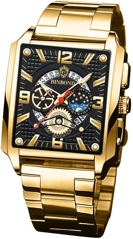 FORSINING Men Gold Skeleton Watch Rectangle Big Dial Waterproof Business  Wristwatch with Stainless Steel Strap Analog Quartz Watches : Amazon.co.uk:  Fashion
