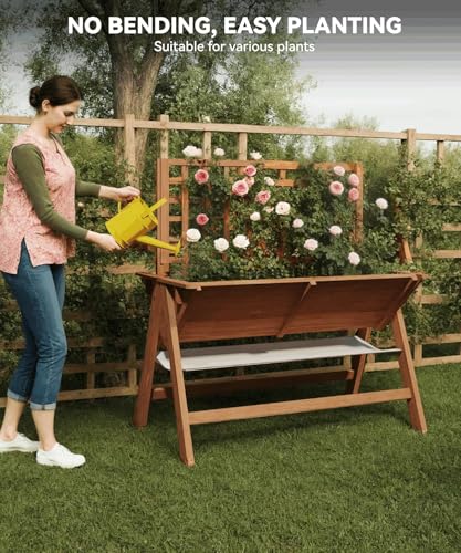 52x30x54In Elevated Garden Bed with Legs, Tall Wooden Planter Box with Climbing Trellis, Outdoor Standing Raised Bed for Vegetables, Flowers, and Herbs-Brown