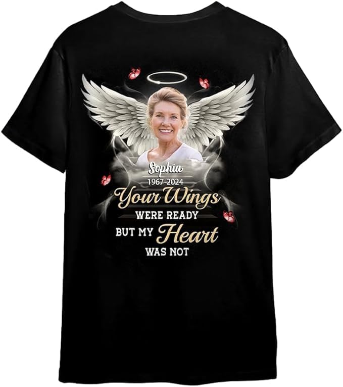 Custom Photo Never Walk Alone-Memorial Personalized T-Shirt, Your Wings was Ready But My Heart was Note, Custom Photo Shirt, Gifts for Loss of Mom Dad Black
