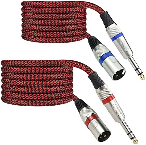Mugteeve 1/4" TRS to XLR Male Cable Balanced - 25FT Quarter Inch Stereo to XLR Microphone Cord Adapter, Nylon Braided, OFC Shielded, Red Color, for Mixer, Monitor Speaker, Audio Interface, 2Pack