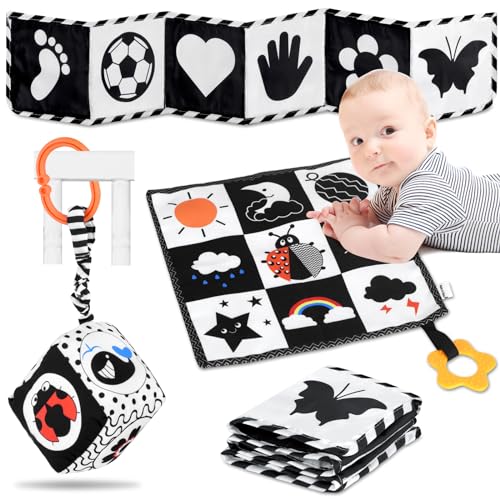 Image of SAMMAS Black and White High Contrast Baby Toys 0-3 Months for Newborn Toys Infant Sensory Soft Book Infant Tummy Time Toys for Brain Development Montessori Learning Activities for Babies(3 Pcs)