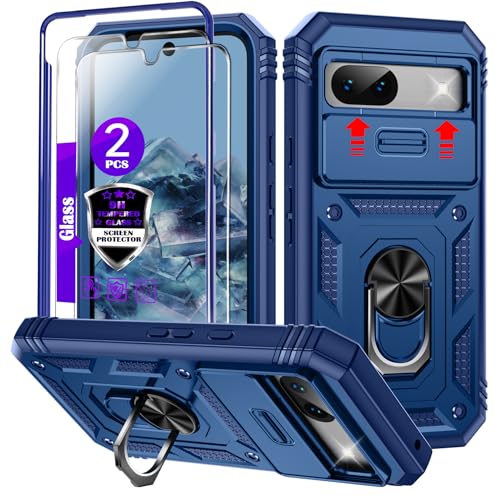 for Google Pixel 8A Case with Camera Cover Slider, 2*Tempered Glass Screen Protectors,Build in 360°Rotating Ring Kickstand, Military Grade Protective Case for Google Pixel 8A 6.1"-Blue
