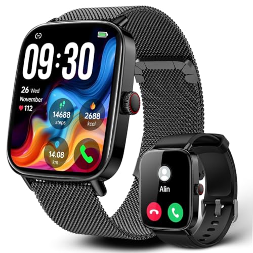 Smartwatch Relógio Inteligente, Tela HD de 1,85' Relógio Fitness, 120 Esportes, Frequência Cardíaca e Monitoramento do Sono, IP68 à rova d'água, Compatível com Android iOS, 2 Pulseiras (Preto)