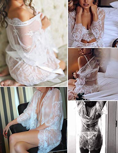 Avidlove Boudoir Lingerie Women's Lace Kimono Robe Babydoll Lingerie Mesh Nightgown White XXL