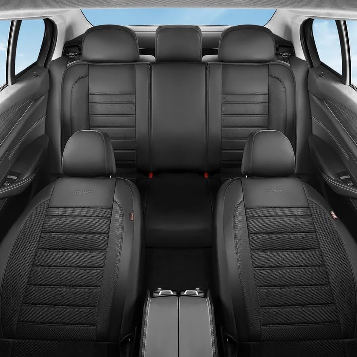 Image of Coverado Full Set Car Seat Protectors, Luxurious Leather & Breathable Mesh Auto Seat Covers for Front Rear Row, Universal 5 Seats Fit Sedan SUV Truck, Black