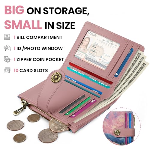 Image of Small Wallet for Women, RFID Blocking Bifold Card Holder Wallet with 10 Card Slots, Cash Compartment, Zipper Coin Pocket & ID Window, Cute Soft Vegan Leather Compact Wallet, Starlit Valley