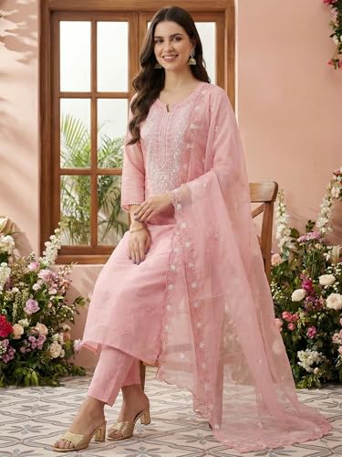 Image of INDO ERA Women's Silk Blend Embroidered Thread Work Kurta & Pant with Dupatta Set | Suit Set For Women
