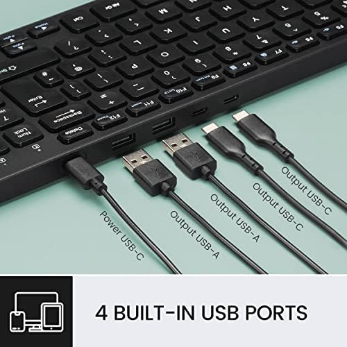 perixx PERIBOARD-215B UK, Wired USB-C Keyboard - Ultra Slim Scissor Keys - Build-in 2x2 USB-C & A Hubs - 2x Detachable USB-C & A Cable - Black - UK Layout