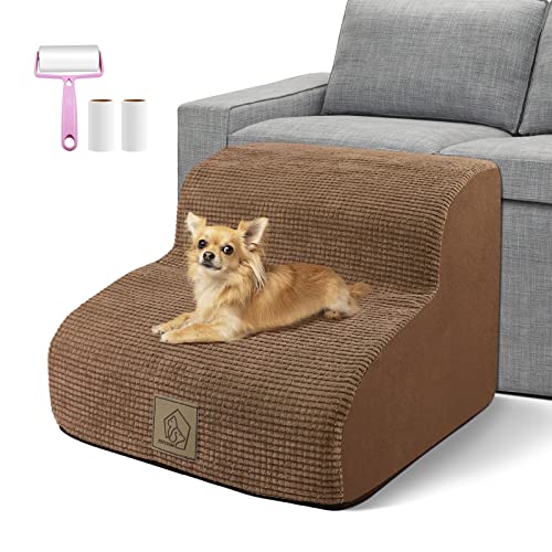 Hundetreppe, 2 Stufen Haustierrampe, rutschfeste Haustierleiter mit waschbarem Plüschbezug & hochdichtem Schaumstoff für kleine alte Katzenwelpen, Pflege Verletzungsvorbeugung, Fusselrolle mitschicken Cover